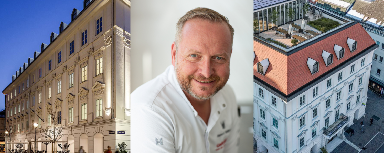 Collage aus Hotelgebäude, Küchenchef und Dachansicht