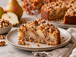 Birnen-Walnuss-Streuselkuchen mit knusprigen Butterstreuseln