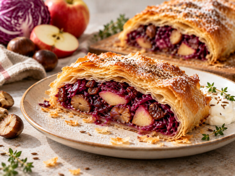 Rotkrautstrudel mit Apfel und Maroni