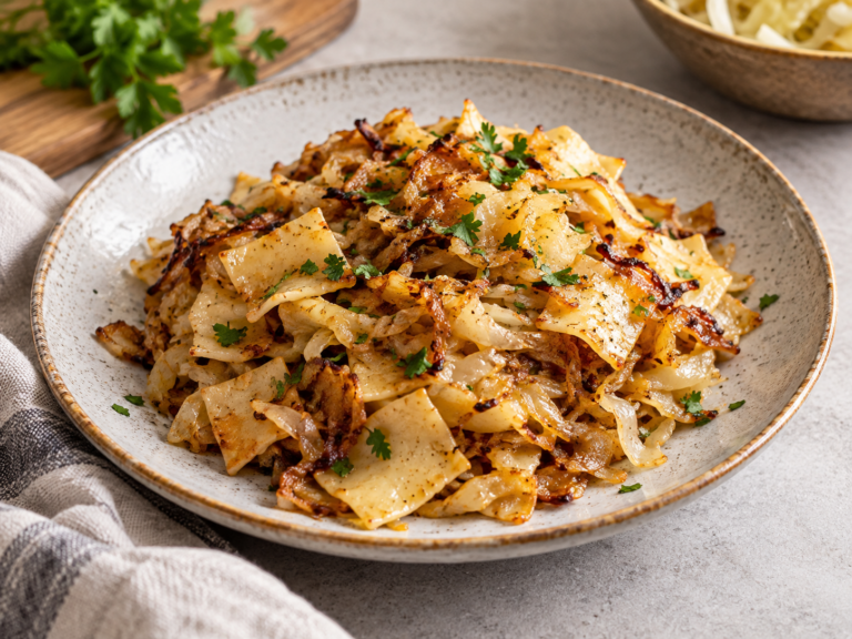 Krautfleckerl mit Kümmel und goldbraunen Zwiebeln
