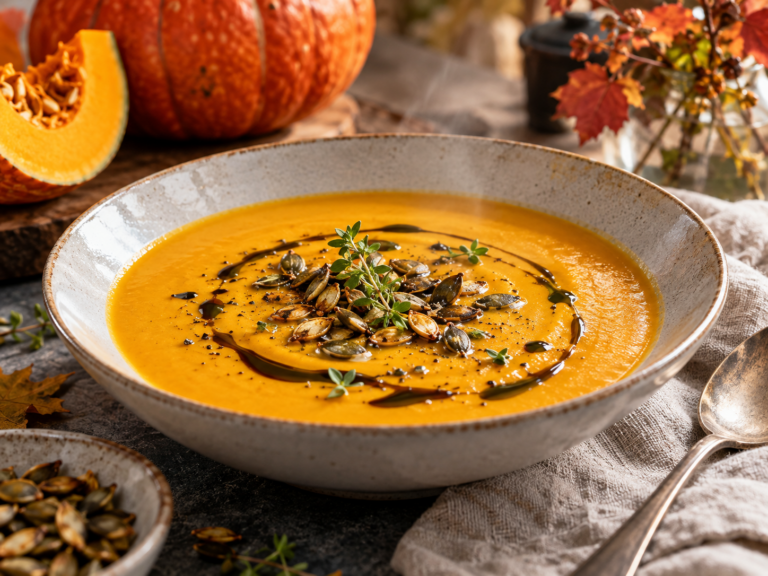 Kürbiscremesuppe mit Kürbiskernöl und gerösteten Kernen