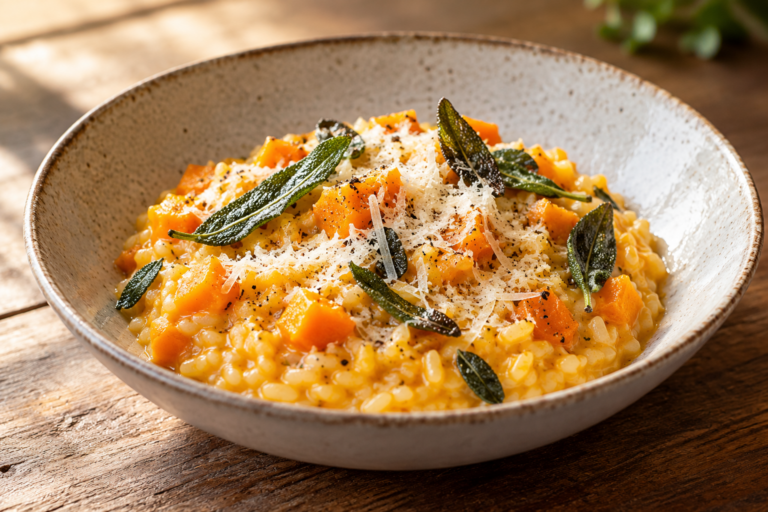Kürbisrisotto mit Bergkäse und knusprigem Salbei