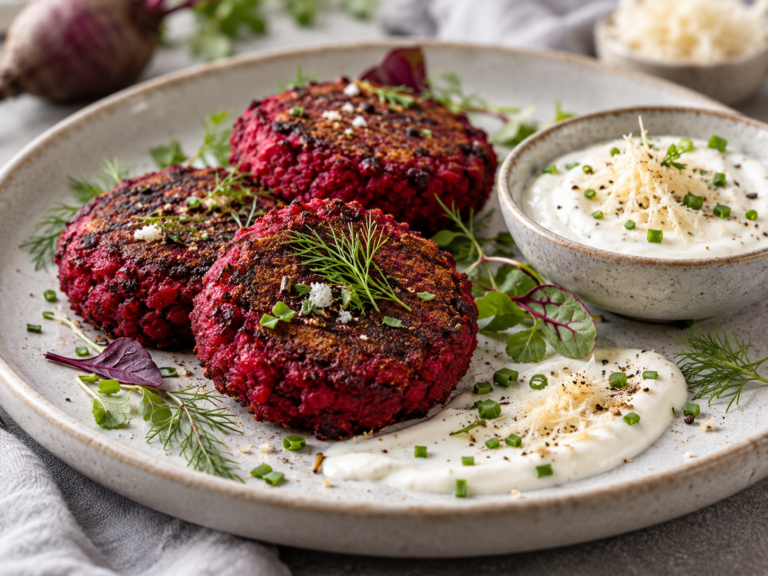 Rote-Rüben-Laibchen mit frischem Kren-Joghurt